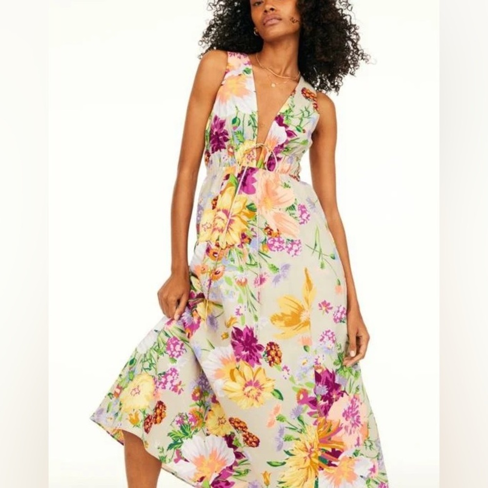 H&M V-neck Plunge Back Linen Blend Floral Maxi Dress